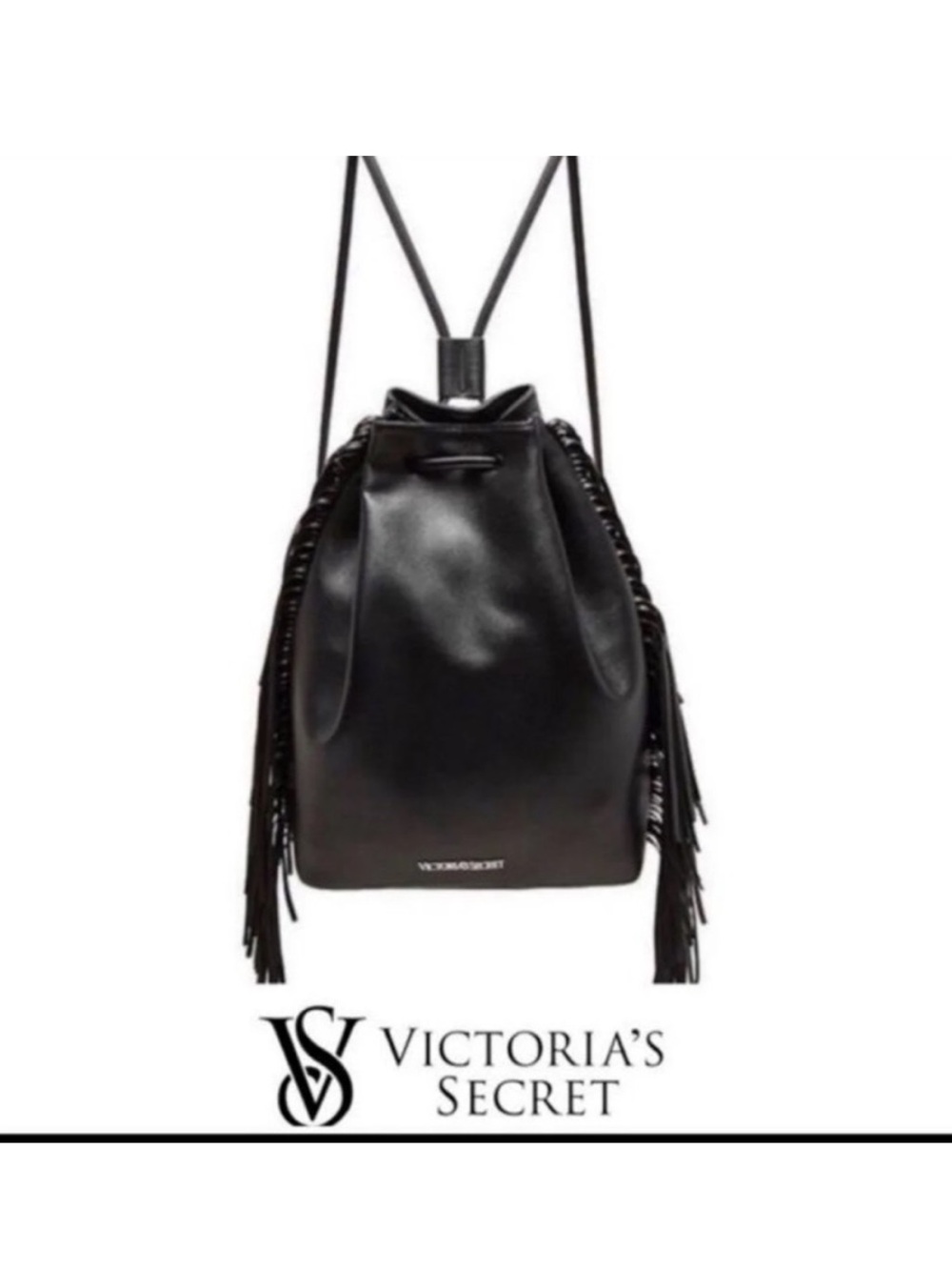 Victoria's Secret Black Fringe Leather Drawstring Backpack